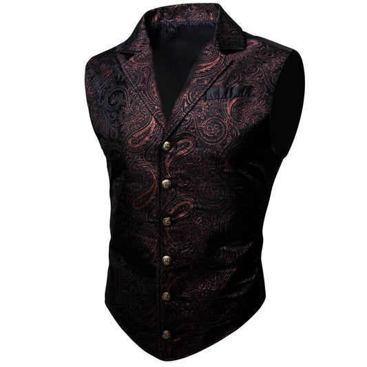 Black Red Paisley Jacquard Men's Collar Victorian Vest Set vest set S (Chest 40")   - Sophisticated Gentlemen
