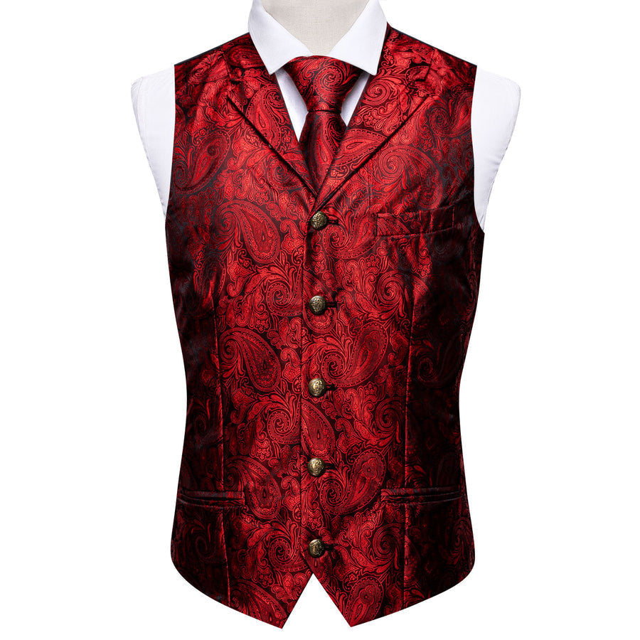 Classic Red Paisley Metal Button Jacquard Silk Vest Set vest set    - Sophisticated Gentlemen
