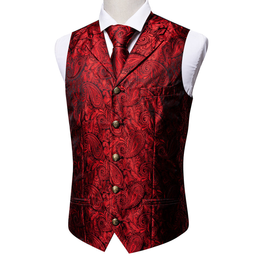 Classic Red Paisley Metal Button Jacquard Silk Vest Set vest set    - Sophisticated Gentlemen