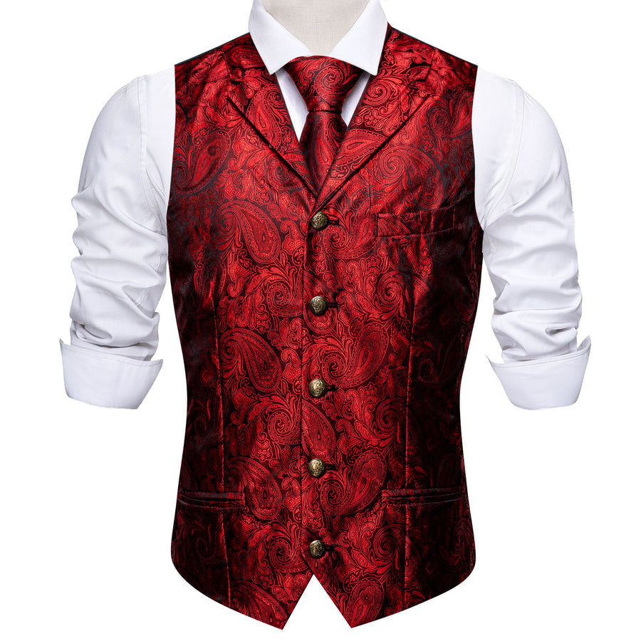 Classic Red Paisley Metal Button Jacquard Silk Vest Set vest set    - Sophisticated Gentlemen