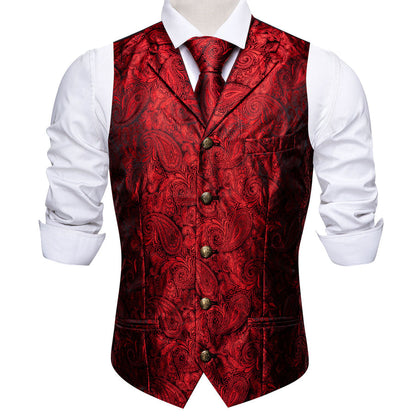 Classic Red Paisley Metal Button Jacquard Silk Vest Set vest set    - Sophisticated Gentlemen