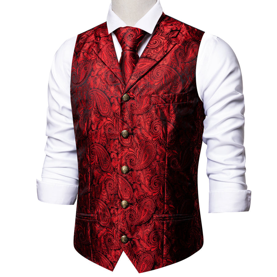 Classic Red Paisley Metal Button Jacquard Silk Vest Set vest set    - Sophisticated Gentlemen