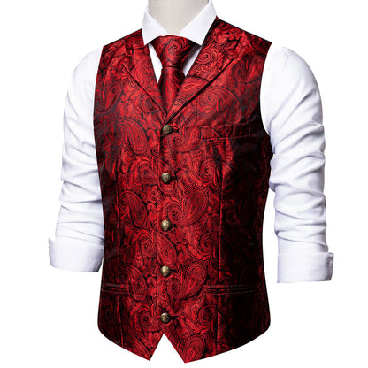 Classic Red Paisley Metal Button Jacquard Silk Vest Set vest set    - Sophisticated Gentlemen