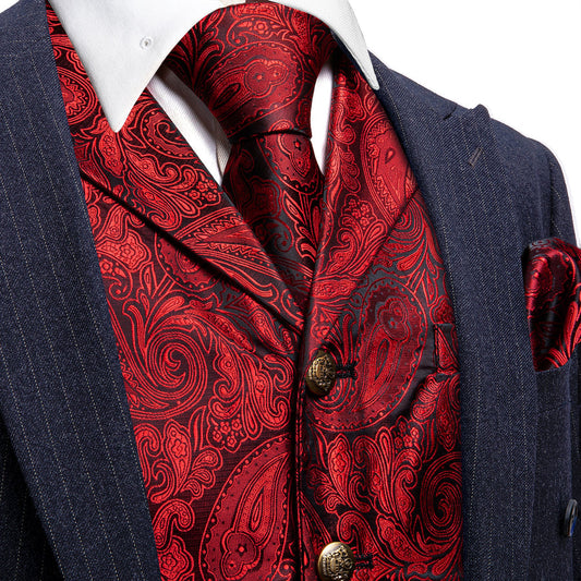 Classic Red Paisley Metal Button Jacquard Silk Vest Set vest set S (Chest 40")   - Sophisticated Gentlemen