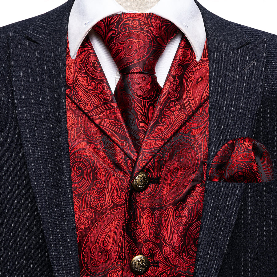 Classic Red Paisley Metal Button Jacquard Silk Vest Set vest set    - Sophisticated Gentlemen
