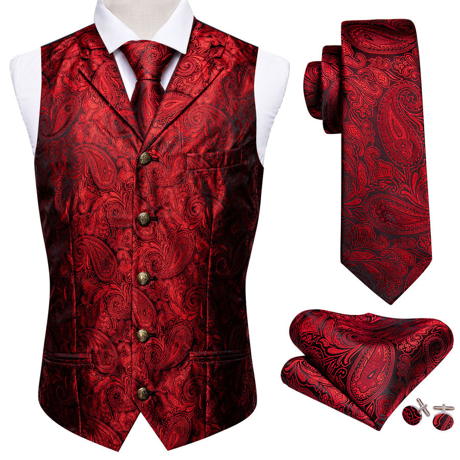 Classic Red Paisley Metal Button Jacquard Silk Vest Set vest set    - Sophisticated Gentlemen