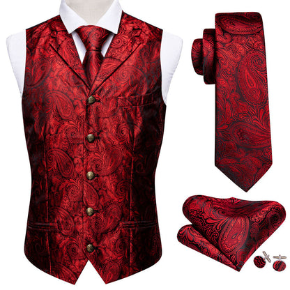 Classic Red Paisley Metal Button Jacquard Silk Vest Set vest set    - Sophisticated Gentlemen