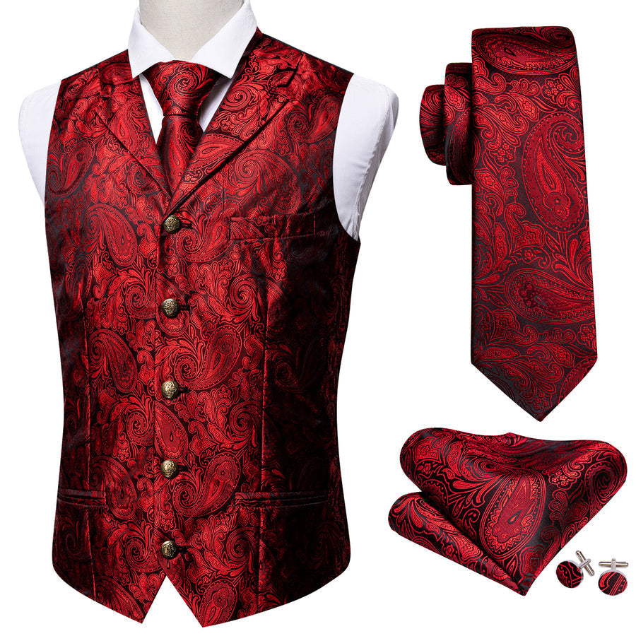 Classic Red Paisley Metal Button Jacquard Silk Vest Set vest set    - Sophisticated Gentlemen