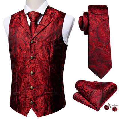 Classic Red Paisley Metal Button Jacquard Silk Vest Set vest set    - Sophisticated Gentlemen