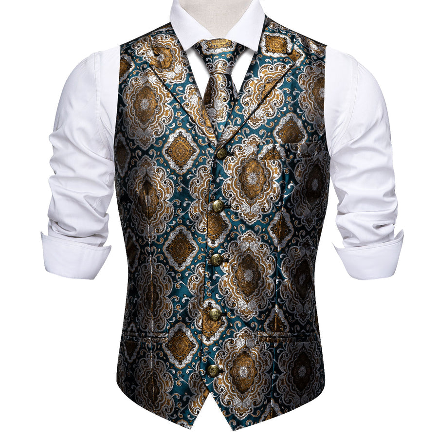 Indigo Blue Brown Novelty Metal Button Jacquard Silk Men's Vest Set vest set    - Sophisticated Gentlemen