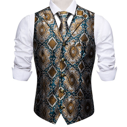 Indigo Blue Brown Novelty Metal Button Jacquard Silk Men's Vest Set vest set    - Sophisticated Gentlemen