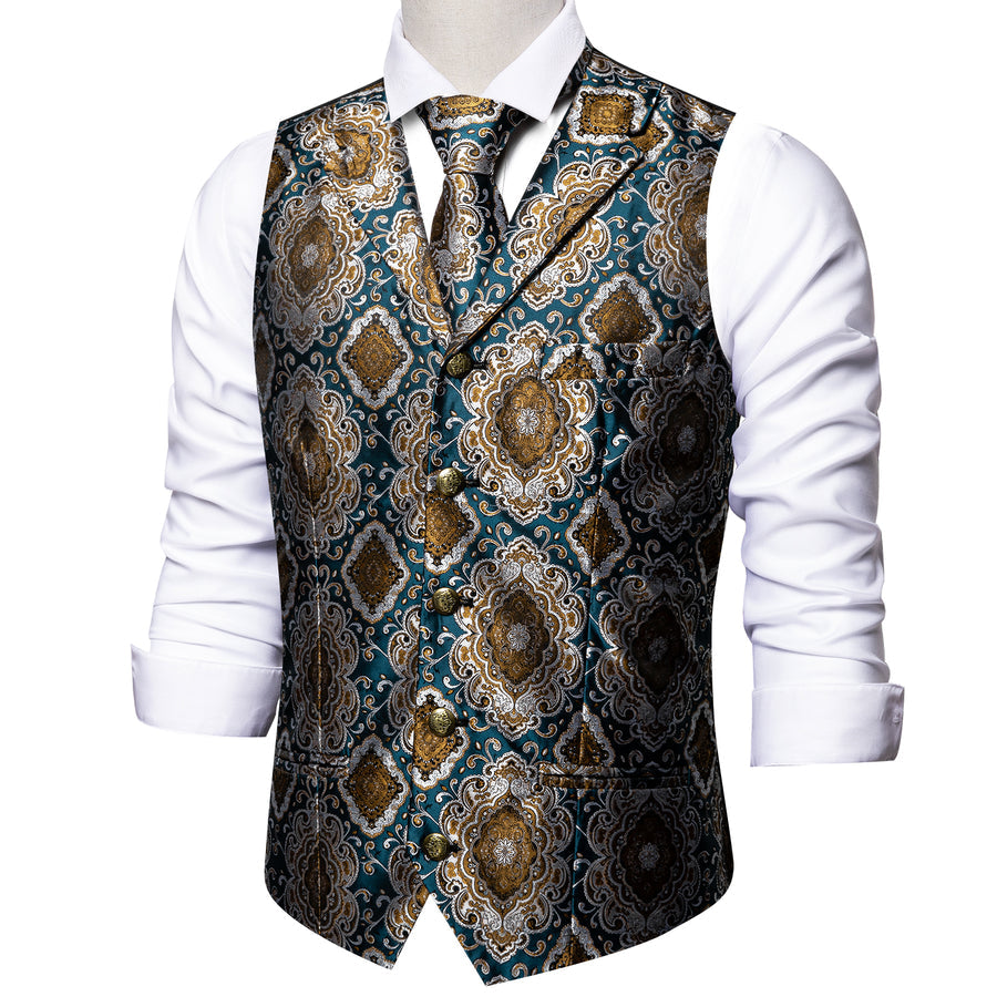 Indigo Blue Brown Novelty Metal Button Jacquard Silk Men's Vest Set vest set    - Sophisticated Gentlemen