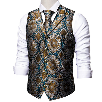 Indigo Blue Brown Novelty Metal Button Jacquard Silk Men's Vest Set vest set    - Sophisticated Gentlemen