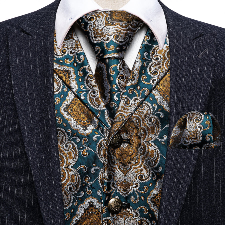 Indigo Blue Brown Novelty Metal Button Jacquard Silk Men's Vest Set vest set    - Sophisticated Gentlemen