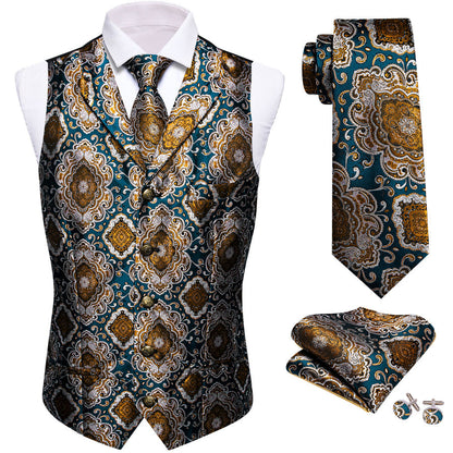Indigo Blue Brown Novelty Metal Button Jacquard Silk Men's Vest Set vest set    - Sophisticated Gentlemen