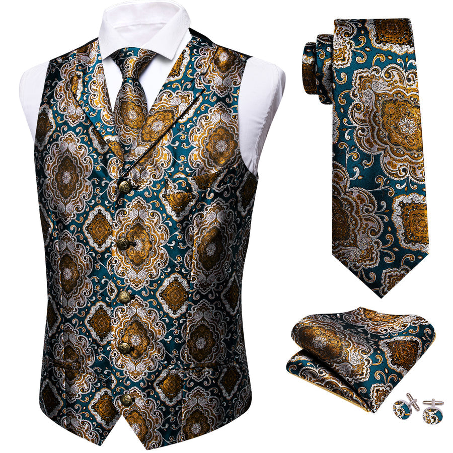 Indigo Blue Brown Novelty Metal Button Jacquard Silk Men's Vest Set vest set    - Sophisticated Gentlemen