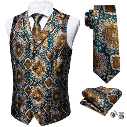 Indigo Blue Brown Novelty Metal Button Jacquard Silk Men's Vest Set vest set    - Sophisticated Gentlemen