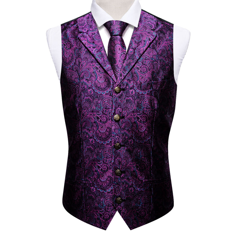 Dark Purple Paisley Metal Button Jacquard Silk Vest Set vest set    - Sophisticated Gentlemen
