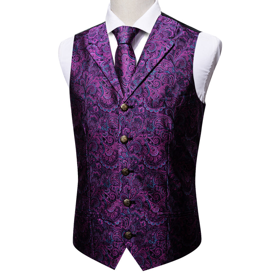 Dark Purple Paisley Metal Button Jacquard Silk Vest Set vest set    - Sophisticated Gentlemen