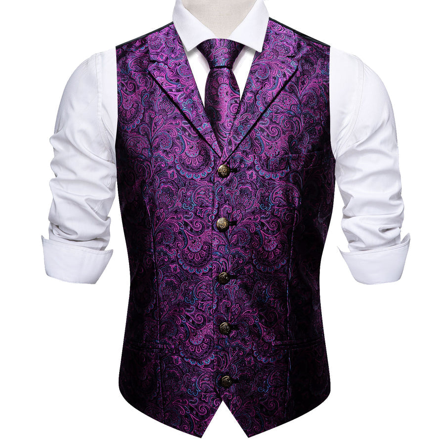 Dark Purple Paisley Metal Button Jacquard Silk Vest Set vest set    - Sophisticated Gentlemen