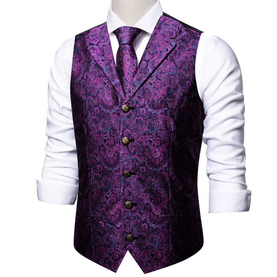 Dark Purple Paisley Metal Button Jacquard Silk Vest Set vest set    - Sophisticated Gentlemen