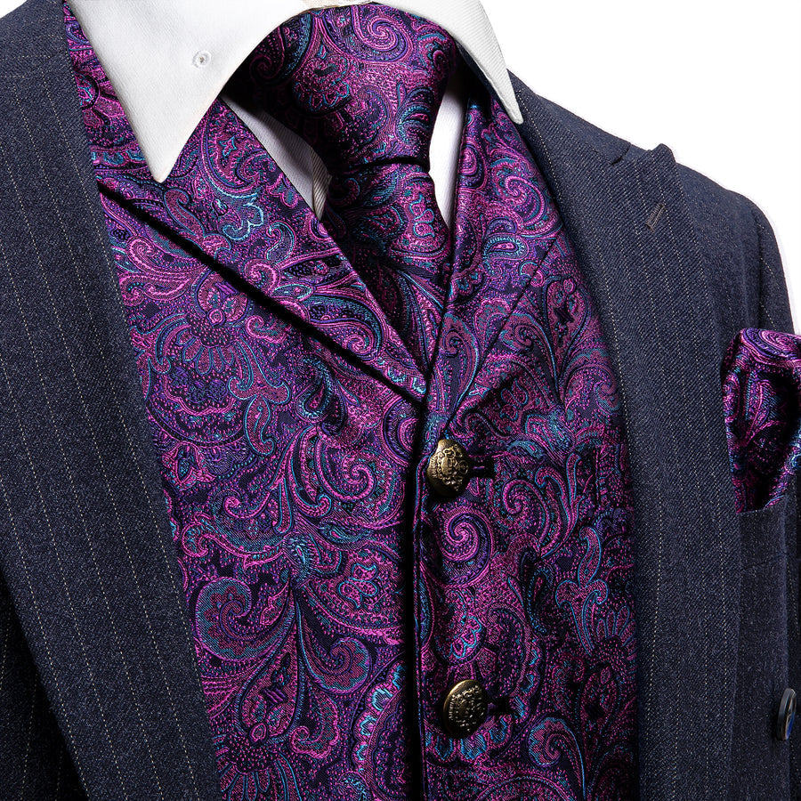 Dark Purple Paisley Metal Button Jacquard Silk Vest Set vest set S (Chest 40")   - Sophisticated Gentlemen