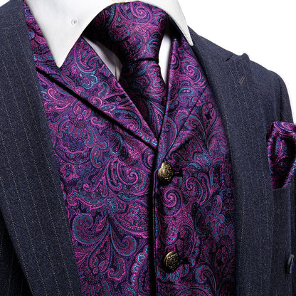 Dark Purple Paisley Metal Button Jacquard Silk Vest Set vest set S (Chest 40")   - Sophisticated Gentlemen