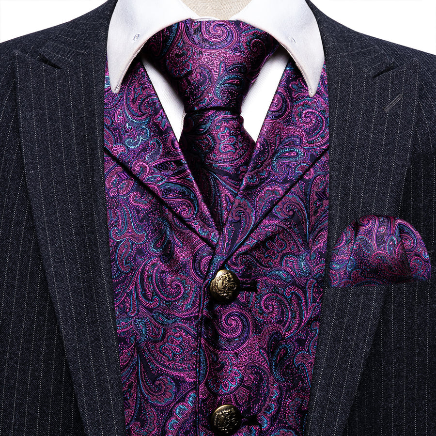 Dark Purple Paisley Metal Button Jacquard Silk Vest Set vest set    - Sophisticated Gentlemen