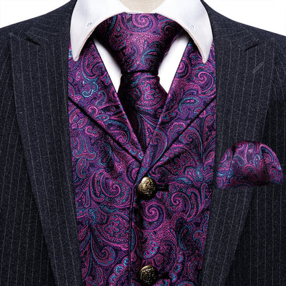 Dark Purple Paisley Metal Button Jacquard Silk Vest Set vest set    - Sophisticated Gentlemen