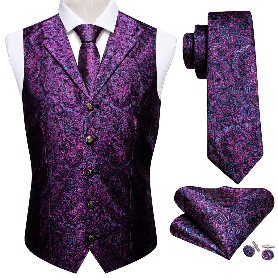 Dark Purple Paisley Metal Button Jacquard Silk Vest Set vest set    - Sophisticated Gentlemen