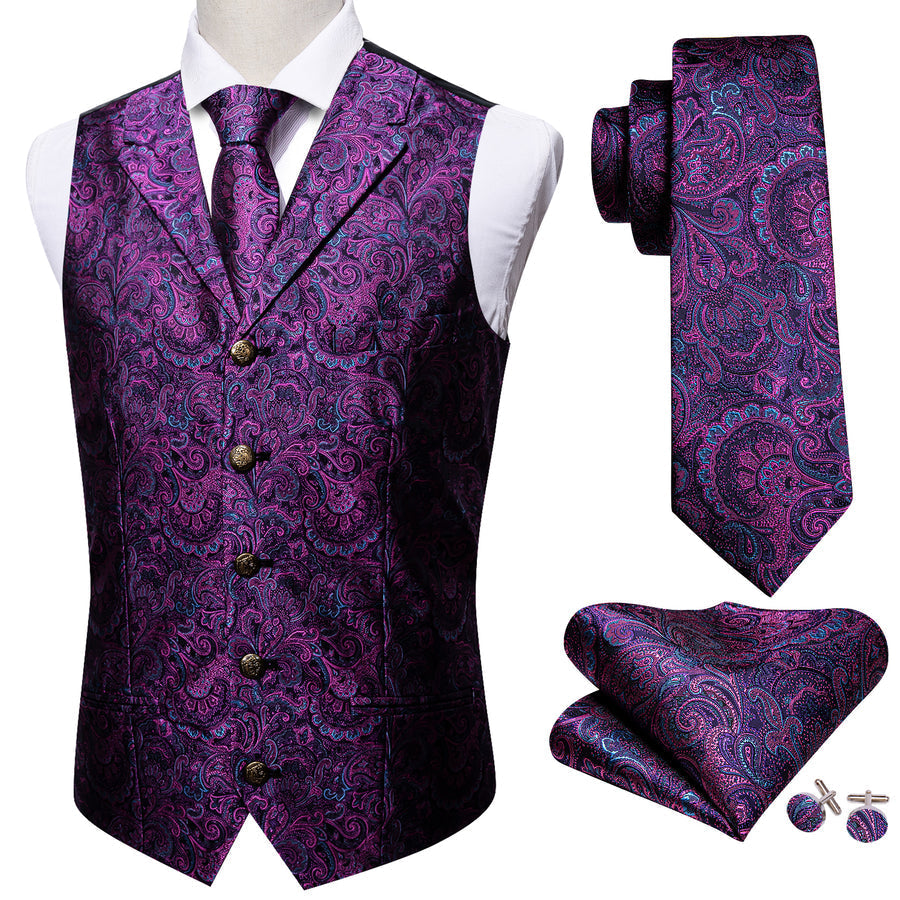 Dark Purple Paisley Metal Button Jacquard Silk Vest Set vest set    - Sophisticated Gentlemen