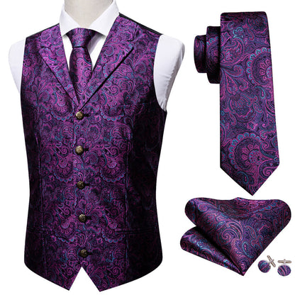 Dark Purple Paisley Metal Button Jacquard Silk Vest Set vest set    - Sophisticated Gentlemen