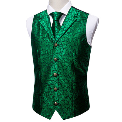 Green Paisley Metal Button Jacquard Silk Men's Vest Set vest set    - Sophisticated Gentlemen