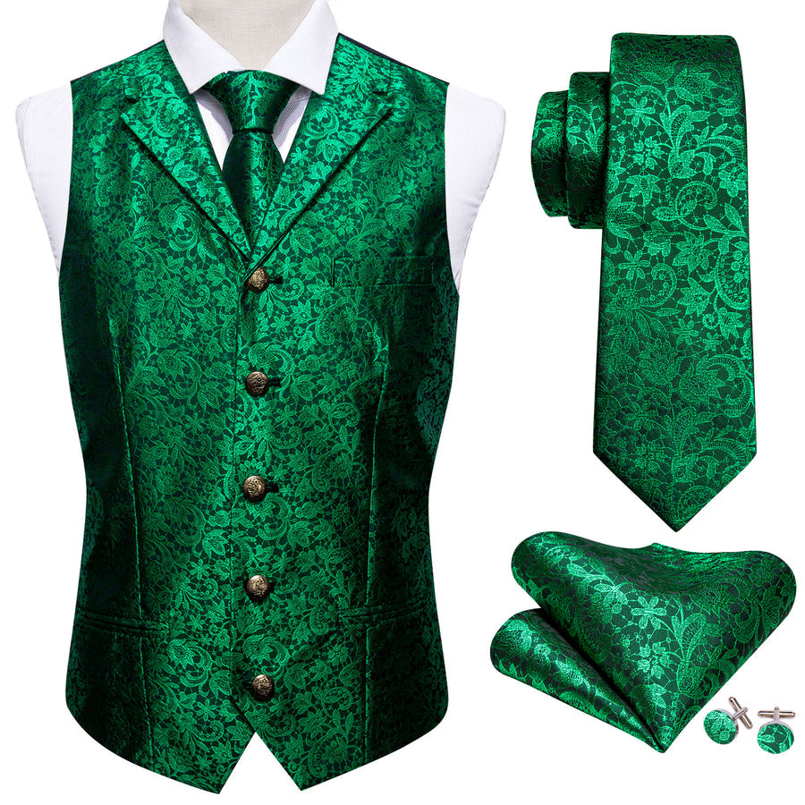 Green Paisley Metal Button Jacquard Silk Men's Vest Set vest set    - Sophisticated Gentlemen