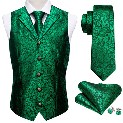 Green Paisley Metal Button Jacquard Silk Men's Vest Set vest set    - Sophisticated Gentlemen