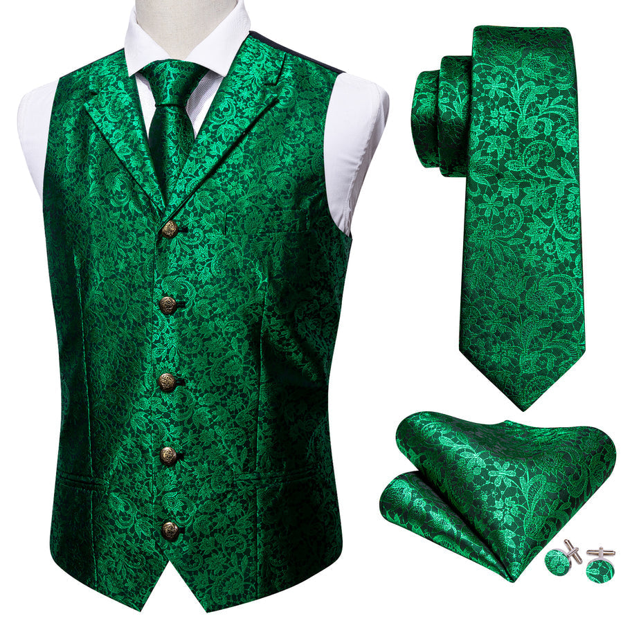Green Paisley Metal Button Jacquard Silk Men's Vest Set vest set    - Sophisticated Gentlemen