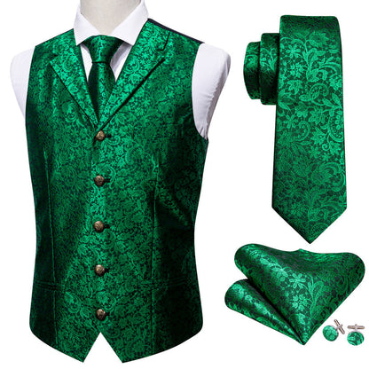Green Paisley Metal Button Jacquard Silk Men's Vest Set vest set    - Sophisticated Gentlemen