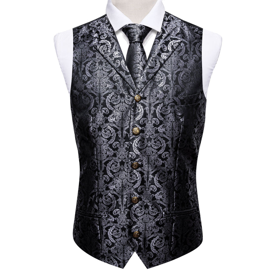 Black Grey Paisley Metal Button Jacquard Silk Vest Set vest set    - Sophisticated Gentlemen