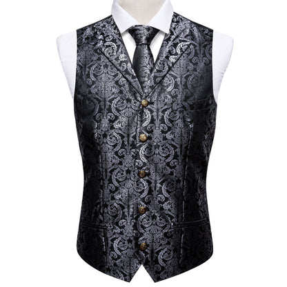 Black Grey Paisley Metal Button Jacquard Silk Vest Set vest set    - Sophisticated Gentlemen
