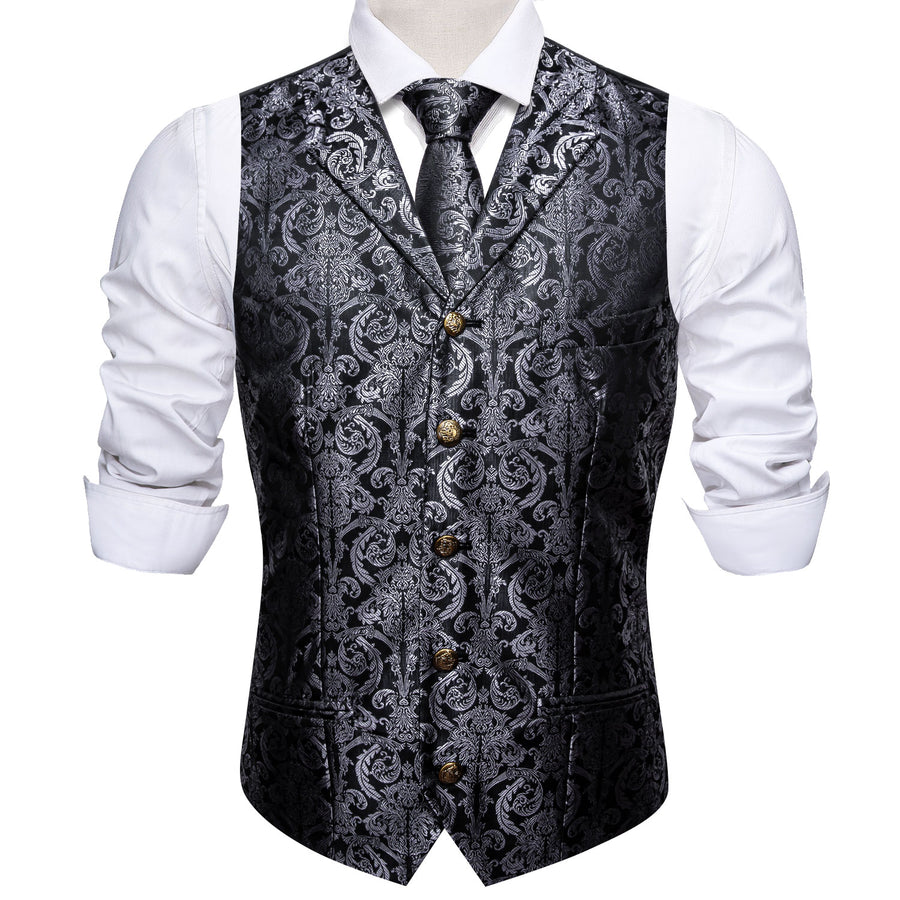 Black Grey Paisley Metal Button Jacquard Silk Vest Set vest set    - Sophisticated Gentlemen