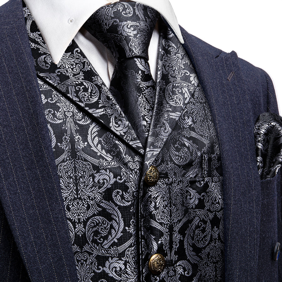 Black Grey Paisley Metal Button Jacquard Silk Vest Set vest set S (Chest 40")   - Sophisticated Gentlemen