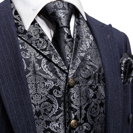Black Grey Paisley Metal Button Jacquard Silk Vest Set vest set S (Chest 40")   - Sophisticated Gentlemen