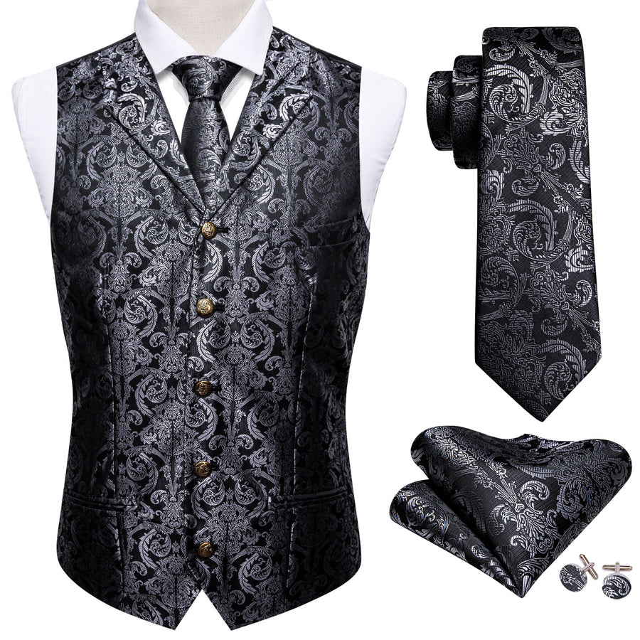 Black Grey Paisley Metal Button Jacquard Silk Vest Set vest set    - Sophisticated Gentlemen