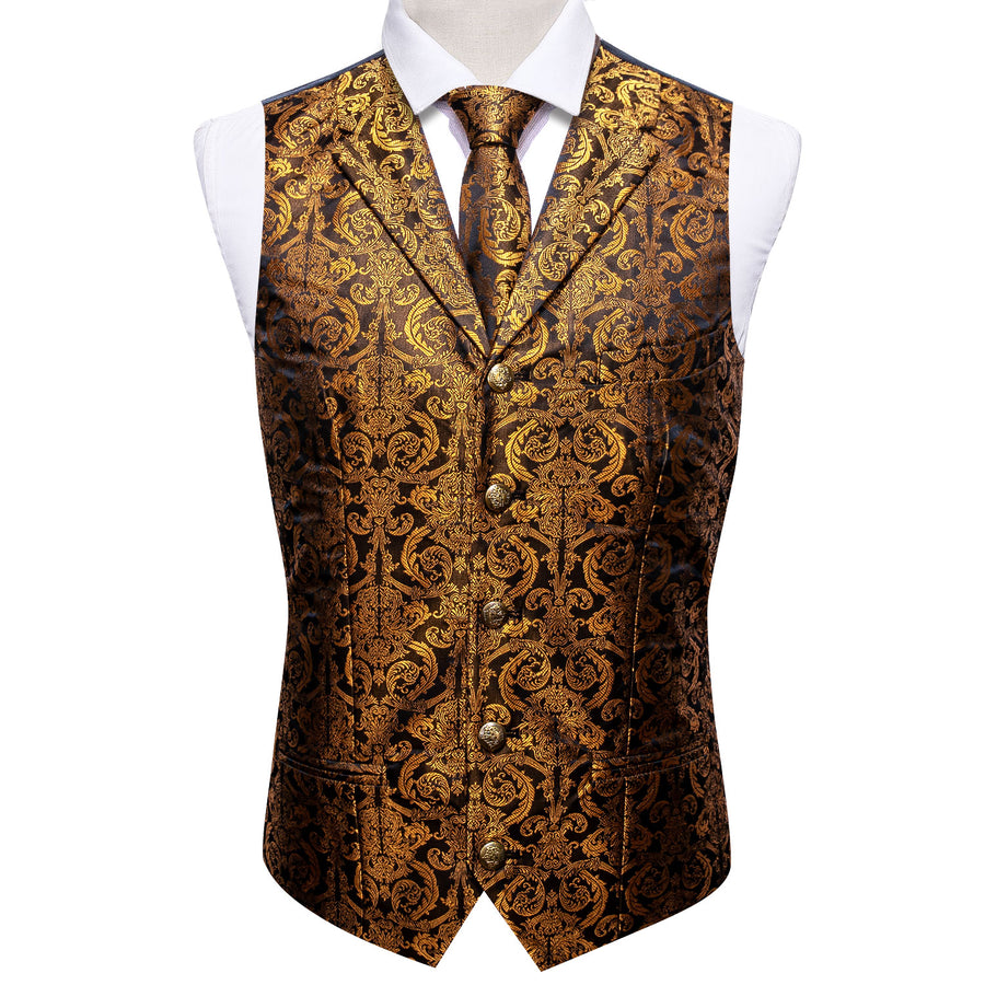 Golden Brown Paisley Metal Button Jacquard Silk Vest Set vest set    - Sophisticated Gentlemen