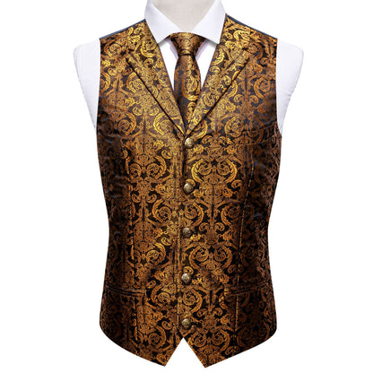 Golden Brown Paisley Metal Button Jacquard Silk Vest Set vest set    - Sophisticated Gentlemen