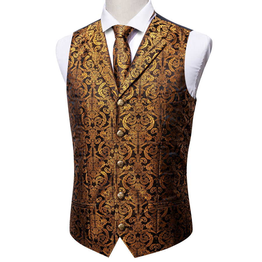 Golden Brown Paisley Metal Button Jacquard Silk Vest Set vest set    - Sophisticated Gentlemen