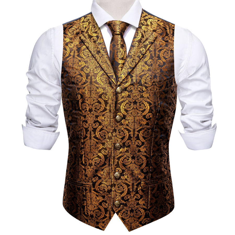 Golden Brown Paisley Metal Button Jacquard Silk Vest Set vest set    - Sophisticated Gentlemen