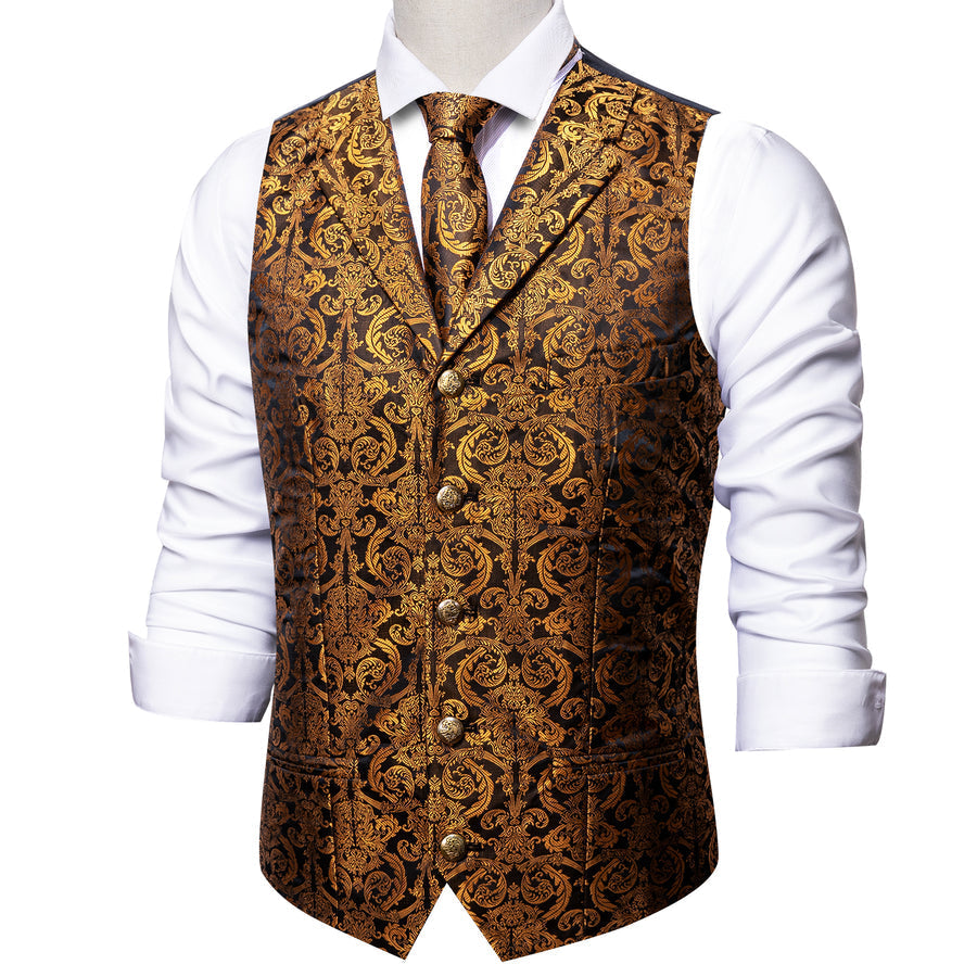 Golden Brown Paisley Metal Button Jacquard Silk Vest Set vest set    - Sophisticated Gentlemen