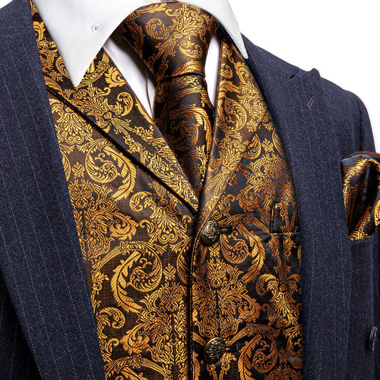 Golden Brown Paisley Metal Button Jacquard Silk Vest Set vest set S (Chest 40")   - Sophisticated Gentlemen