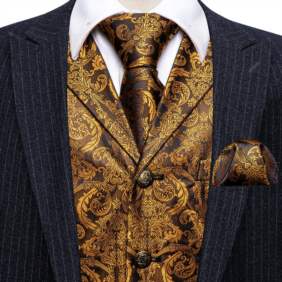 Golden Brown Paisley Metal Button Jacquard Silk Vest Set vest set    - Sophisticated Gentlemen